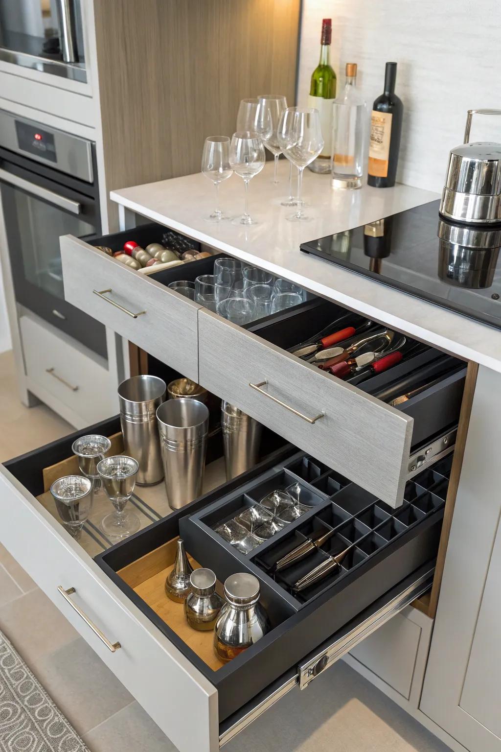 Cabinets and drawers keep clutter hidden.