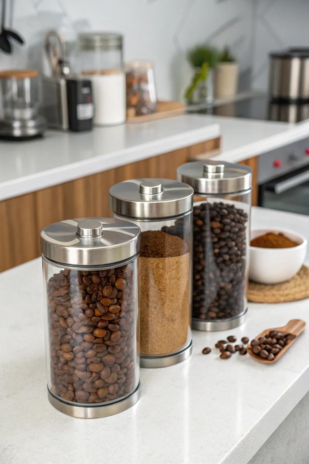 Chic glass canisters for coffee storage.