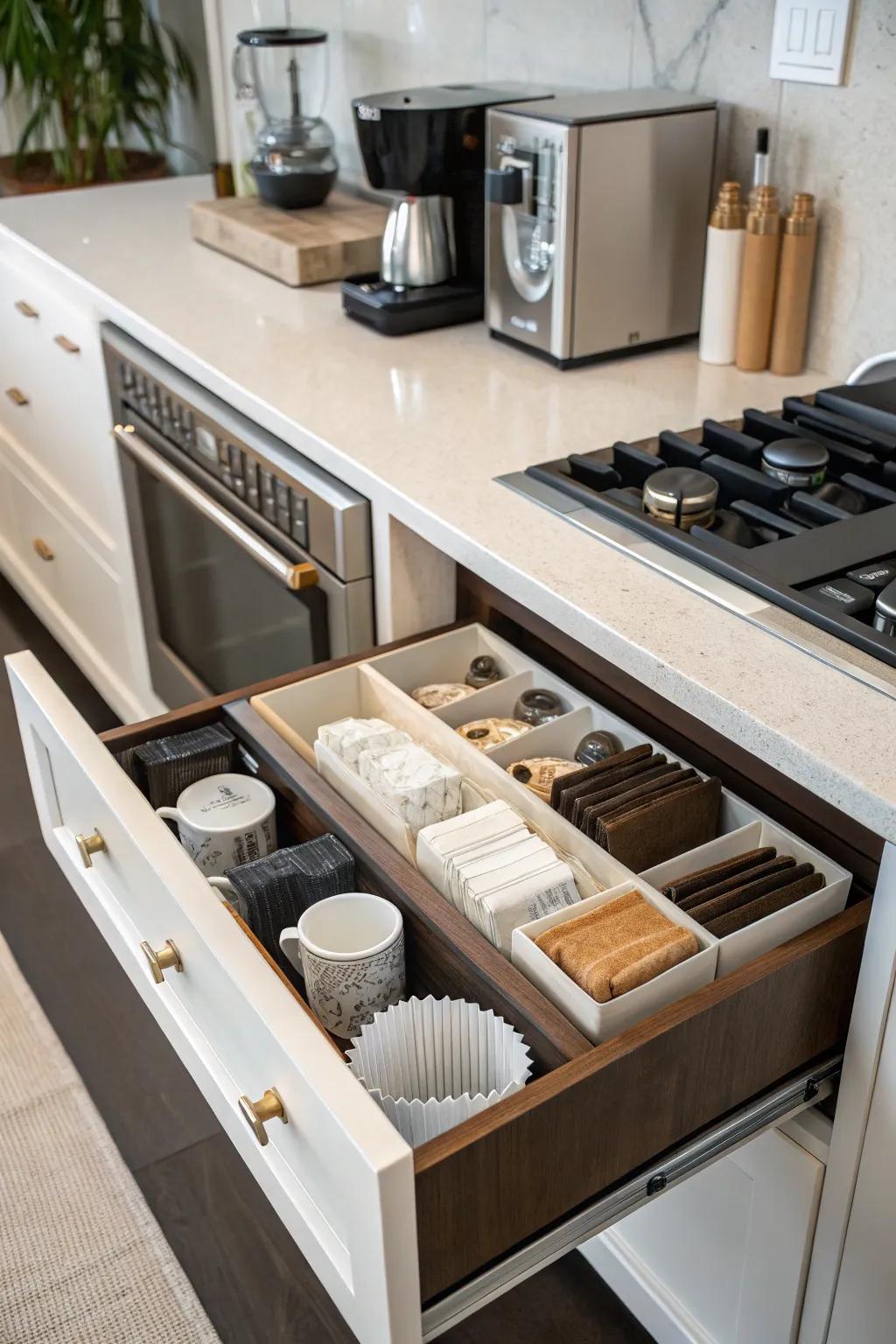 Vertical dividers offer smart storage solutions.