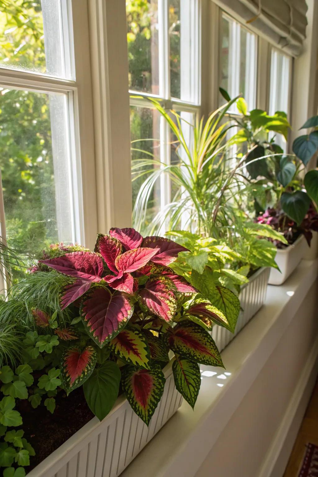 Tropical foliage combined with coleus creates an exotic window display.