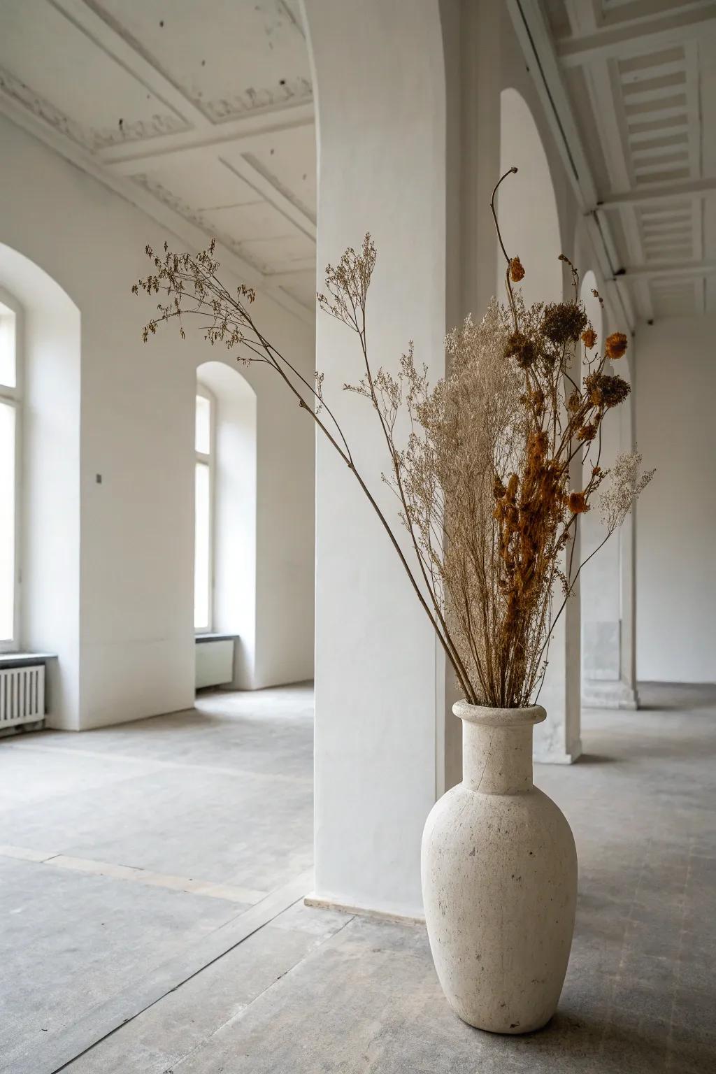 A simple aesthetic setup with a simple vase and dried flowers.