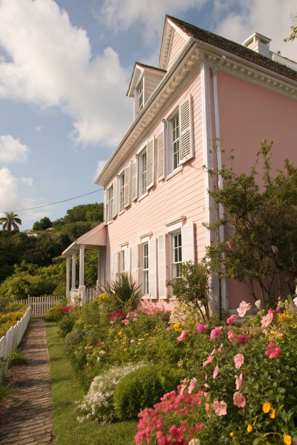 A charming colonial house with a soft, creamy rose exterior and flourishing garden.