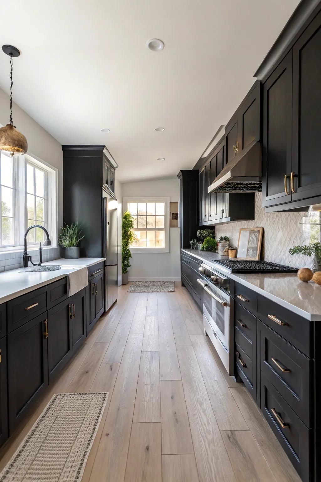 A kitchen with dark cabinets and airy wood flooring for a bright and airy ambiance.