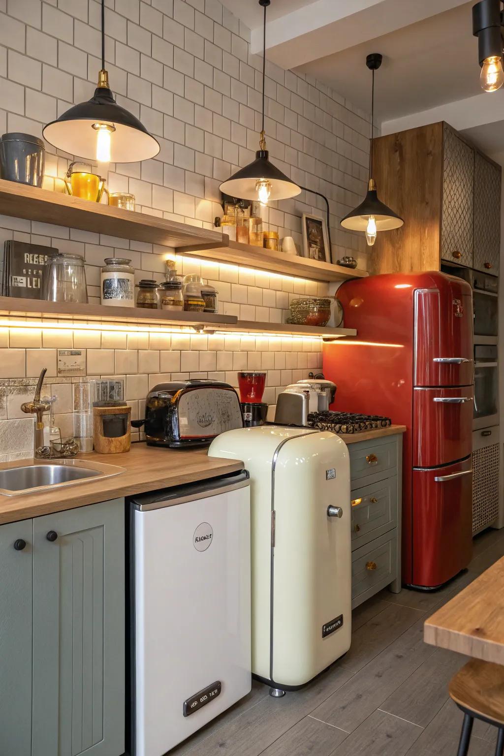 An eclectic mix of vintage and modern elements creates a unique kitchen style.