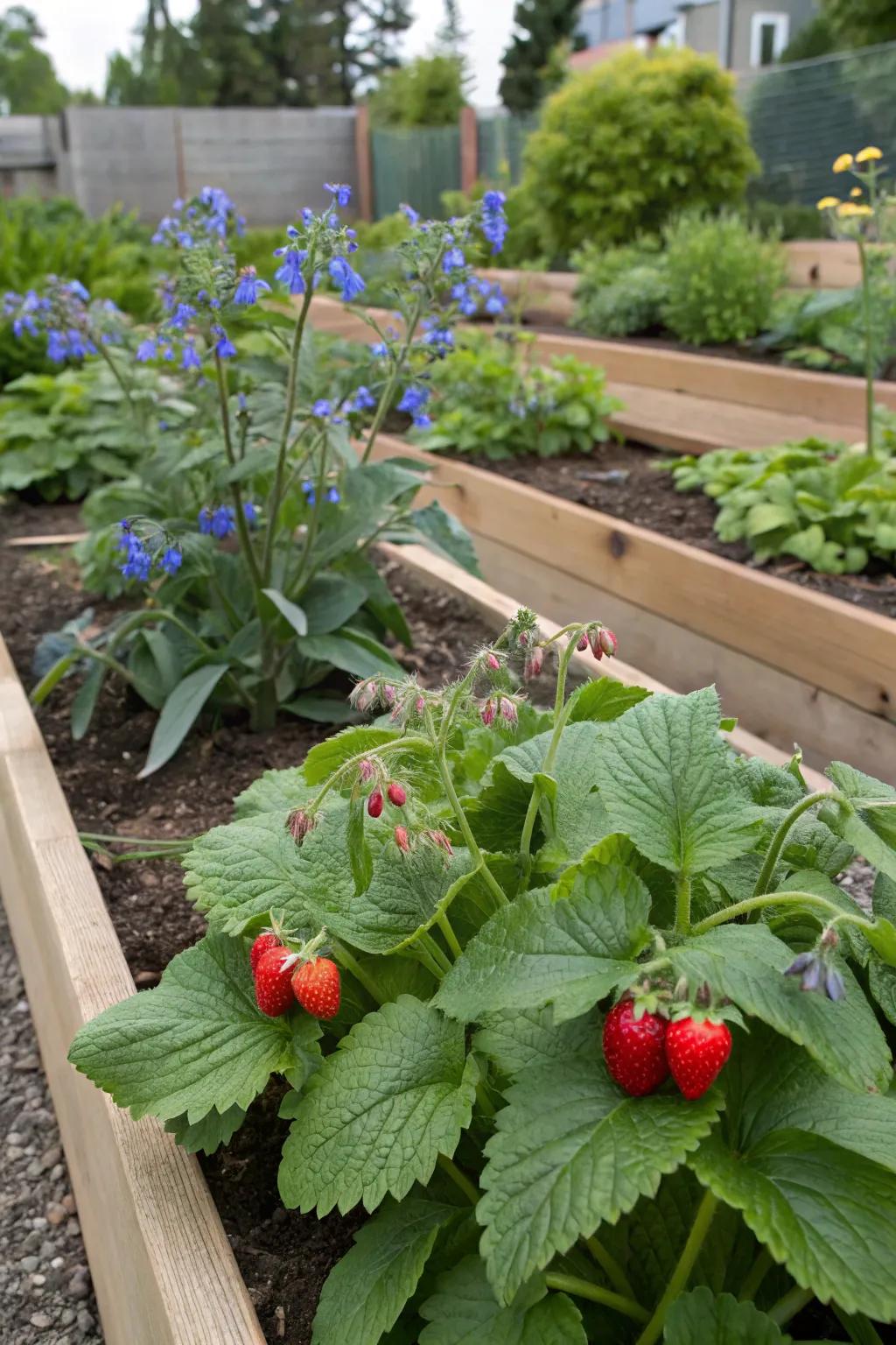 Ruby drops and herb wonder, a surprising but effective garden match.