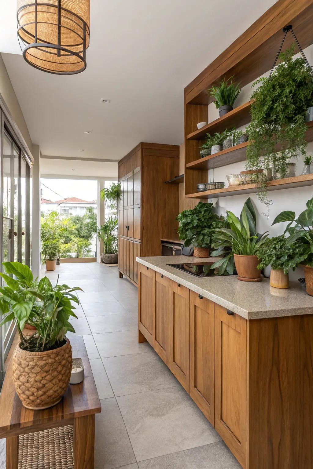 Organic components contribute warmth and vitality to your cooking space.