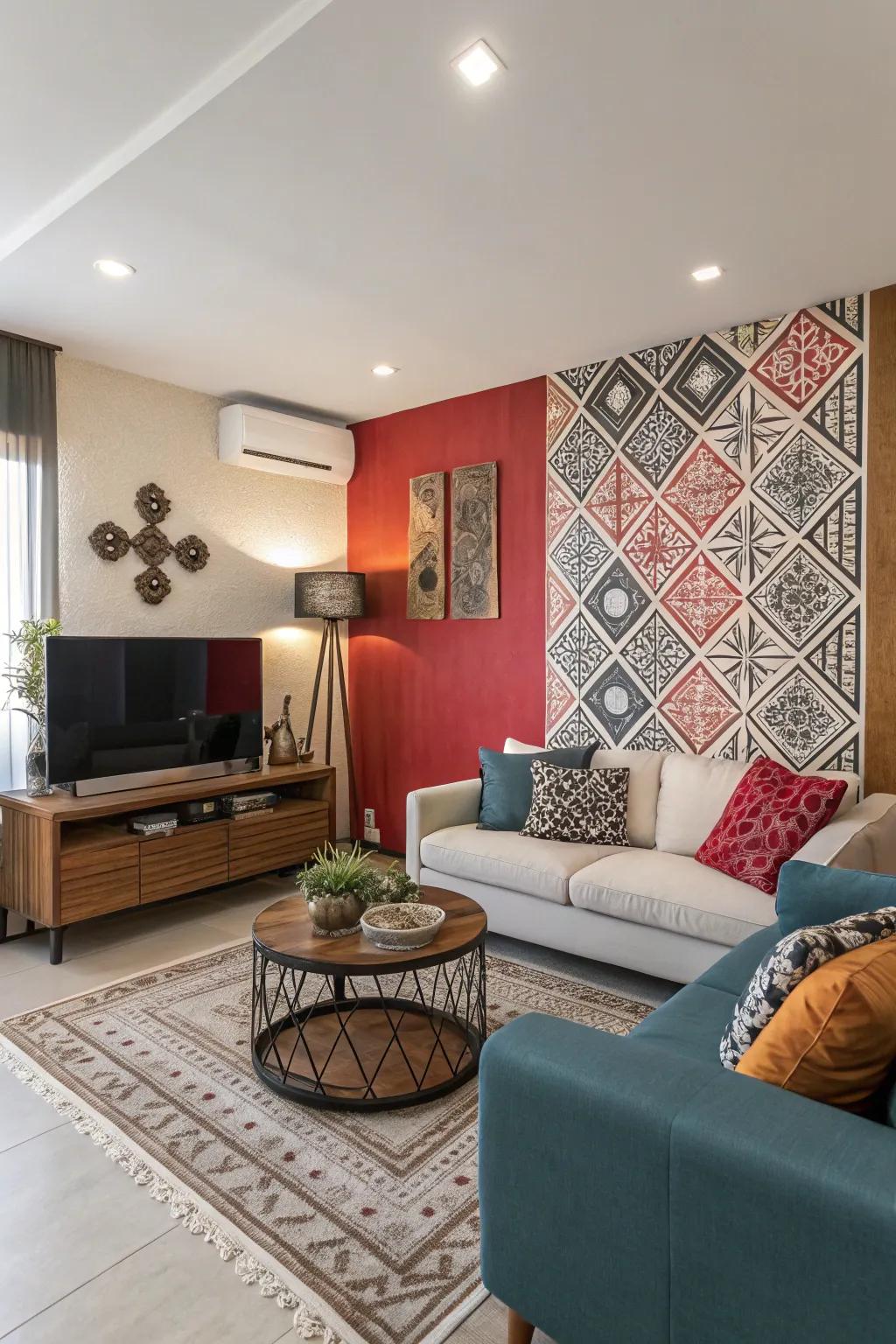A striking showcase wall adding character to a condo living area.