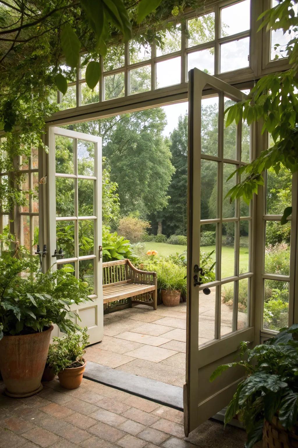 A conservatory with broad glass doors leading to a gorgeous garden.