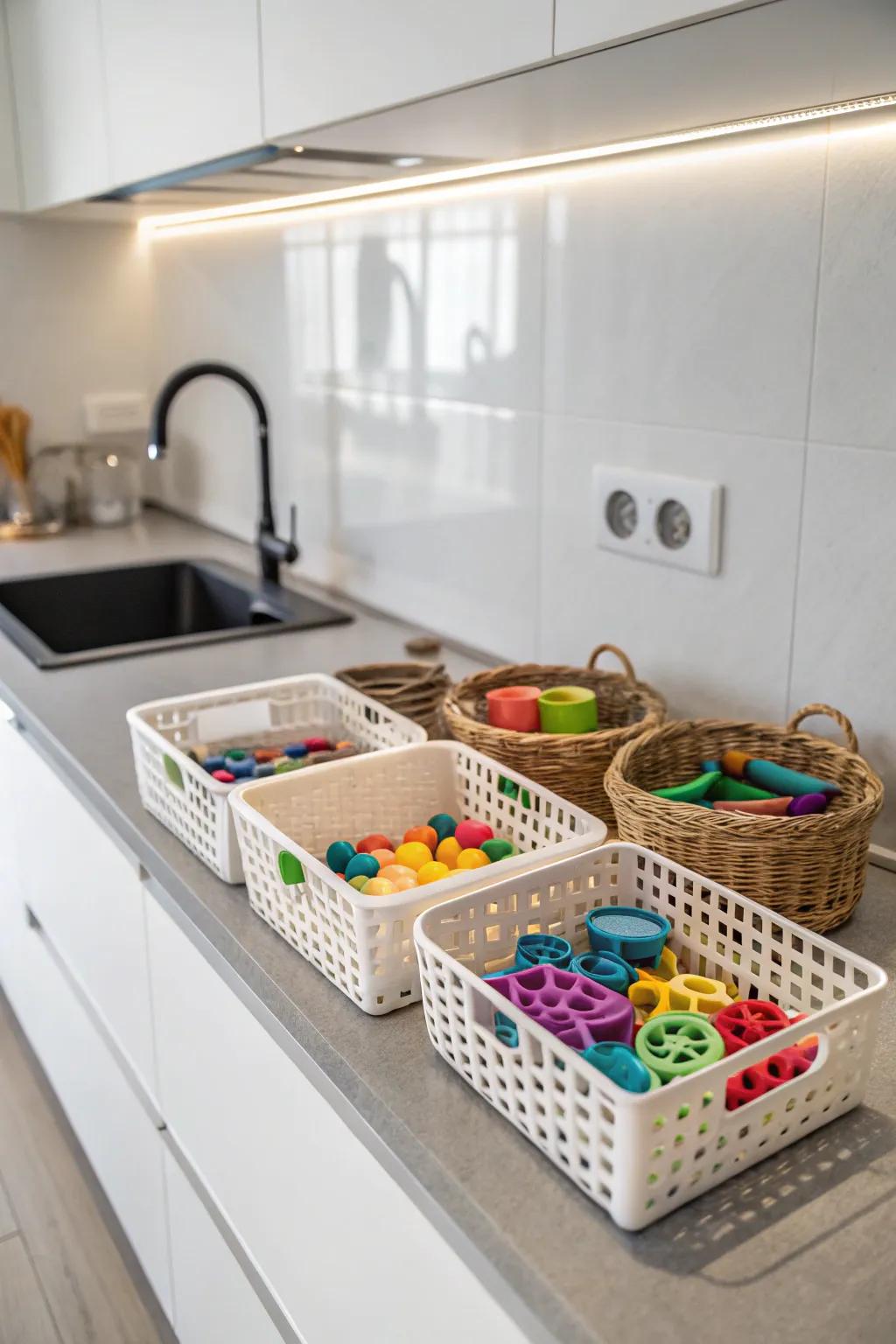 Undercounter baskets storing cookie embossers discreetly.