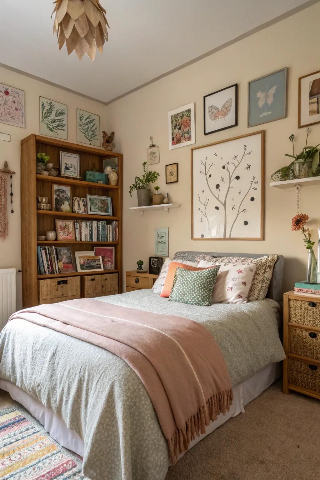 Individual aspects add warmth and uniqueness to the bedroom.