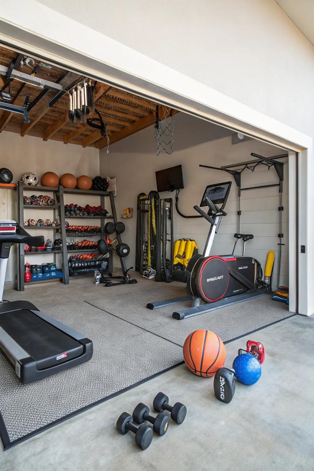 A sports and recreation zone in the garage with gym equipment.