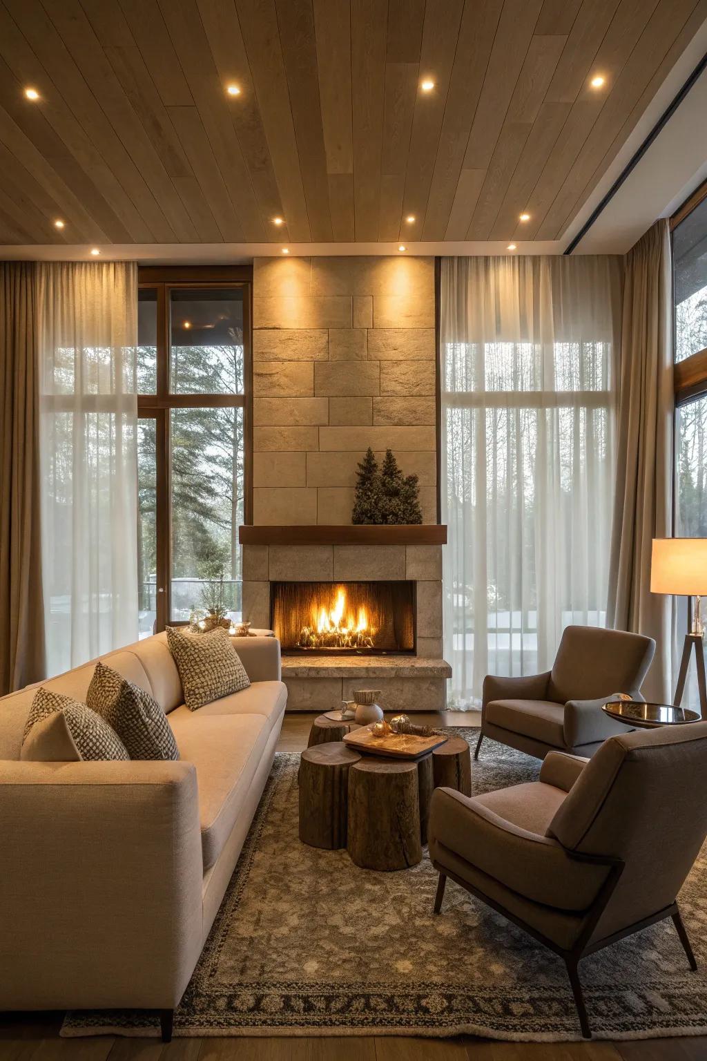 A fireplace acts as a warm, central feature in your living room.