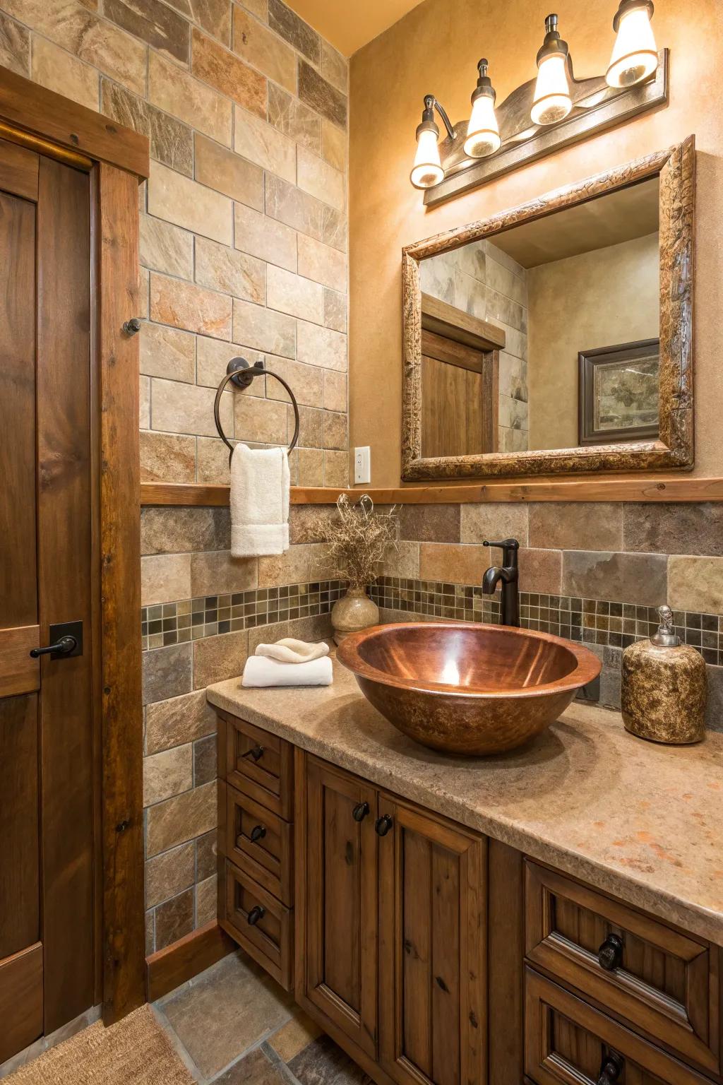 Inviting, earthy shades amplify the warm, welcoming atmosphere created by this copper sink.