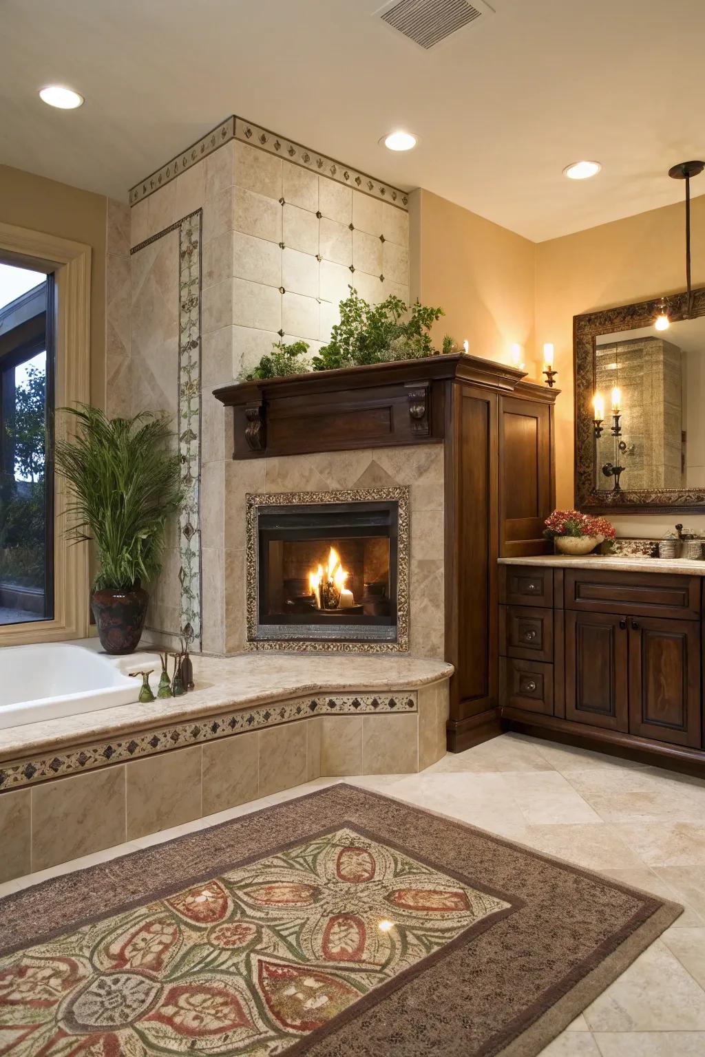 A corner fireplace brings warmth and luxury to the bathroom.