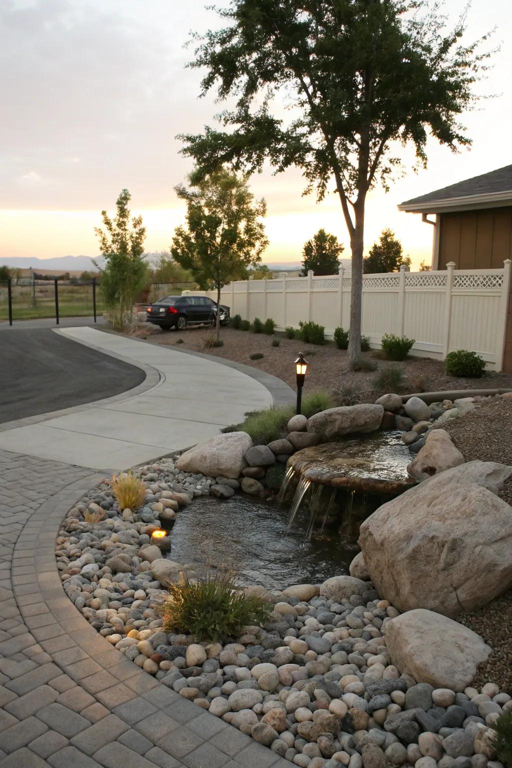 A charming water feature adding to the driveway’s soothing atmosphere.