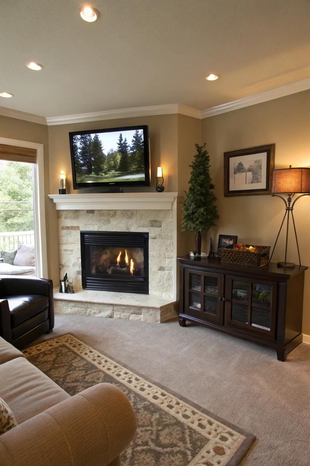 A television integrated seamlessly with a corner fireplace, creating a multifunctional space.