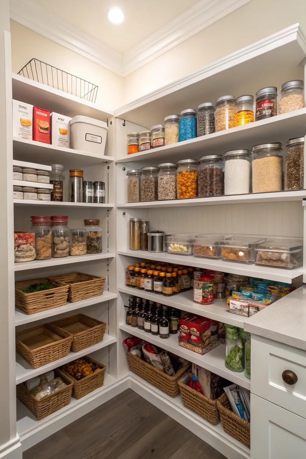 A corner pantry displaying organized, categorized zones.