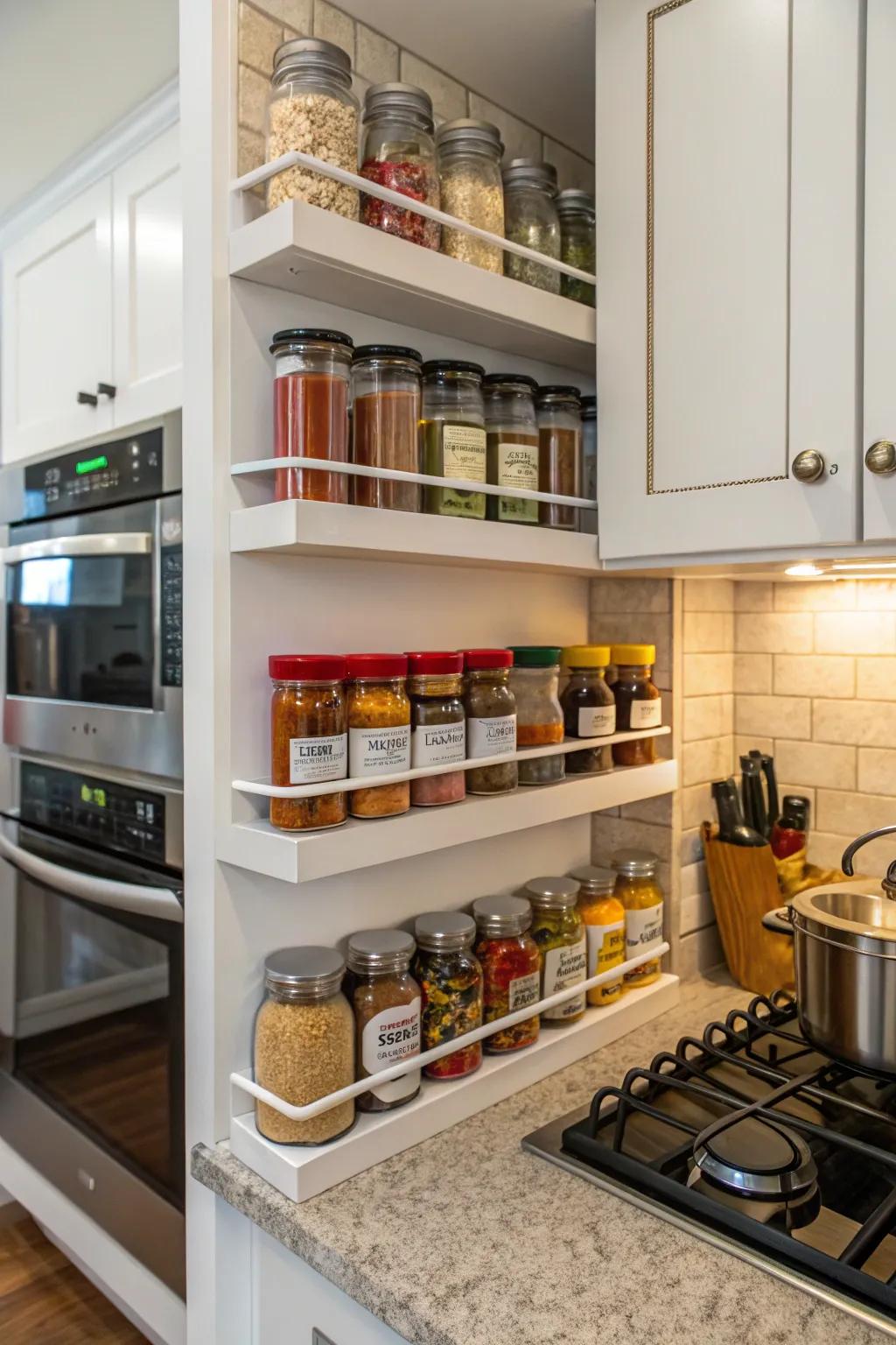 Kitchen corner shelves organizing spice jars.