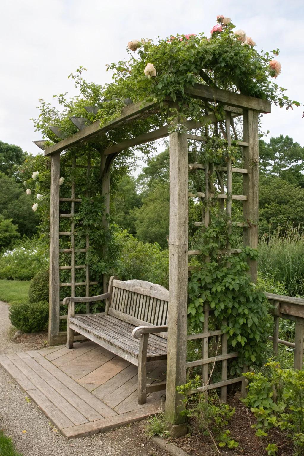 A trellis featuring a cozy built-in seating area.