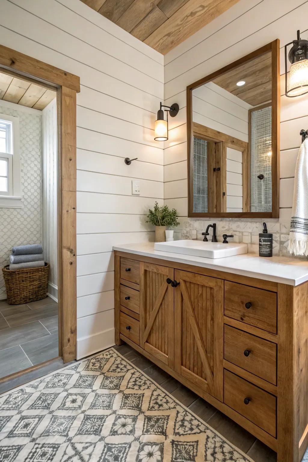 A harmonious blend of textures in a cottage bathroom