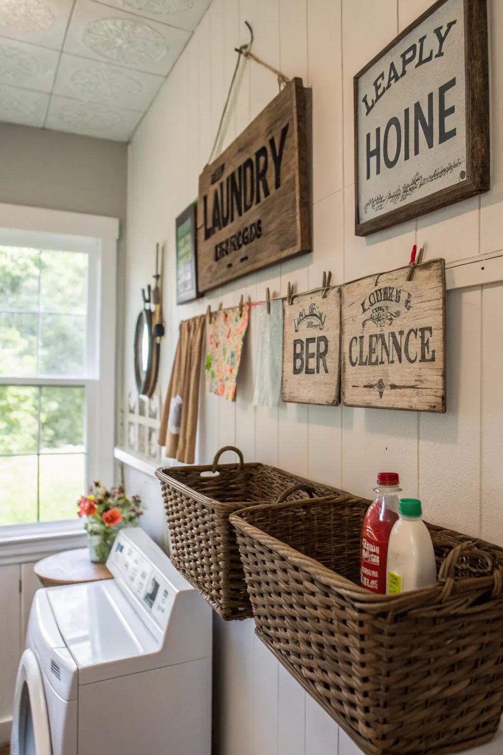 Ornamental plaques add a personal touch to your laundry space.