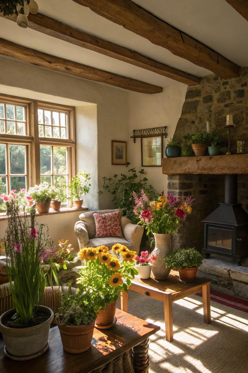 Plant-based elements add freshness and vitality to the living room.