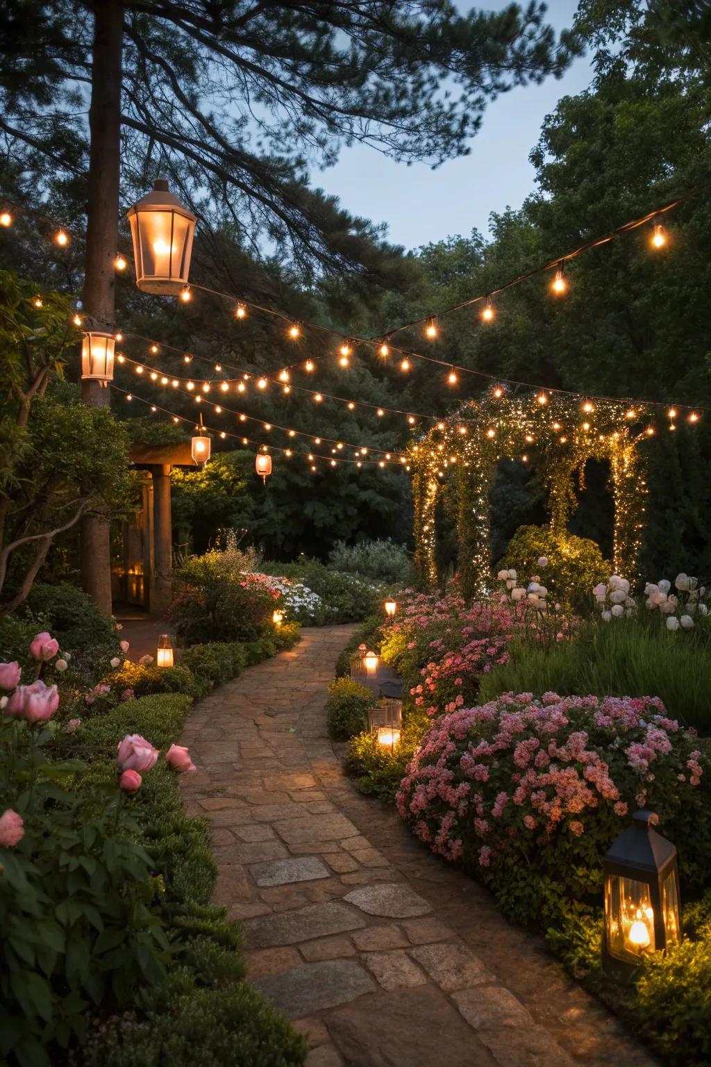 Ambient lighting transforms the garden into a magical evening retreat.