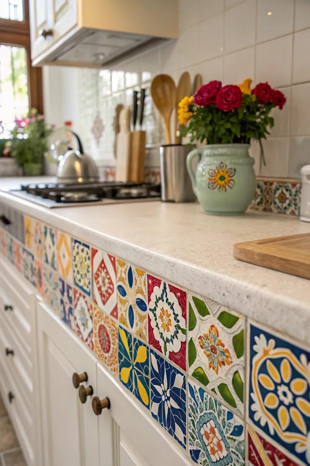 Artistic tile end caps bring color and life to this kitchen.