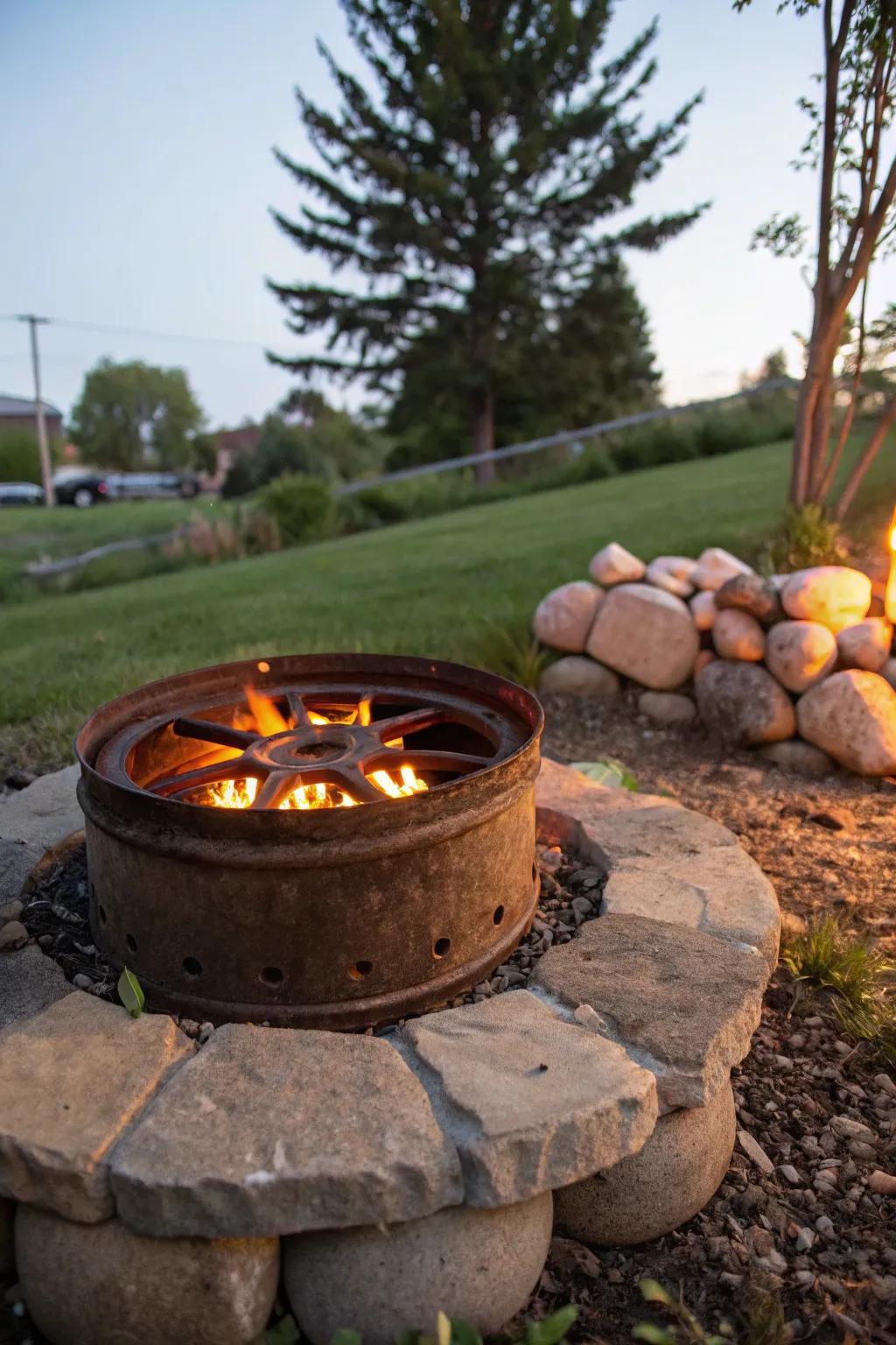 A wheel rim fire pit is a singular and eco-conscious backyard supplement.