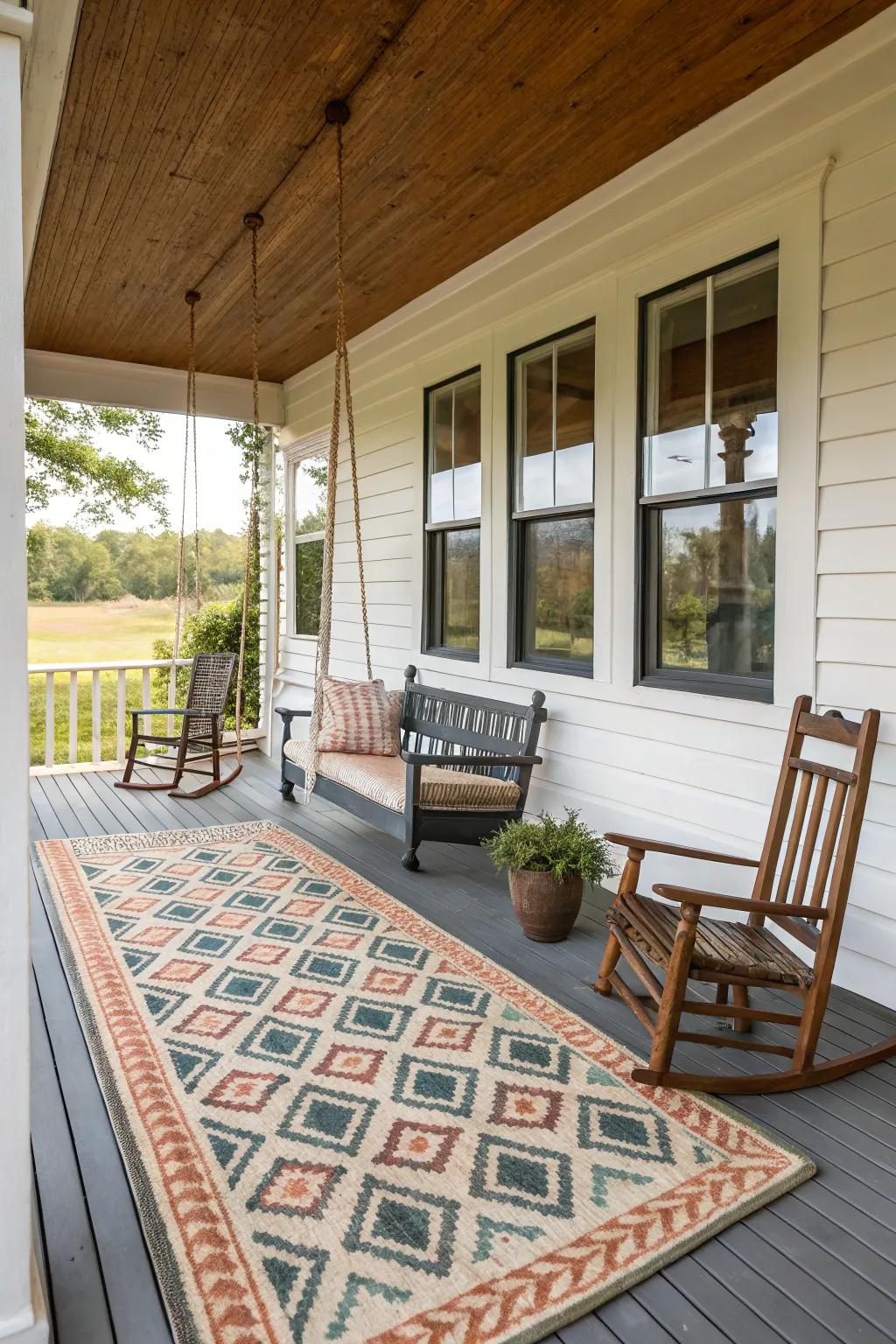 An outdoor rug adds texture and defines space on this farmhouse porch.