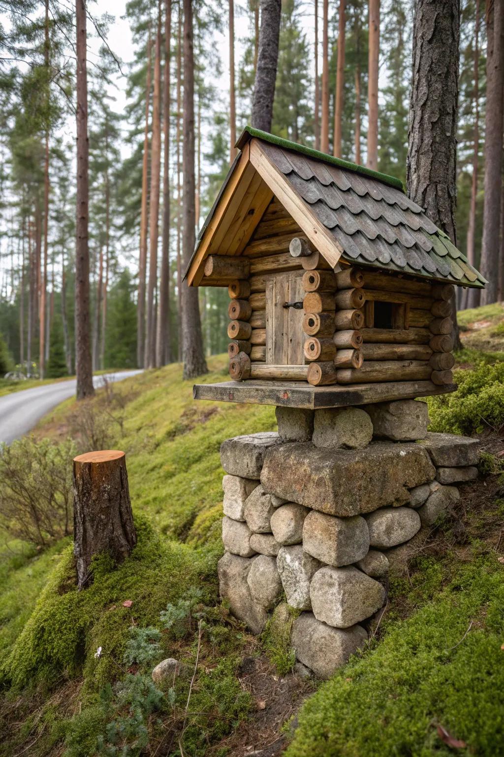 A log cabin mailbox reflects rustic simplicity and warmth.