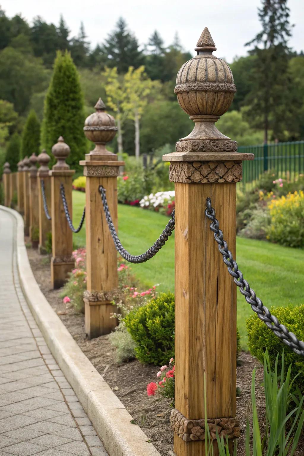 Ornamental pillar caps transform a plain fence into a stylish statement.
