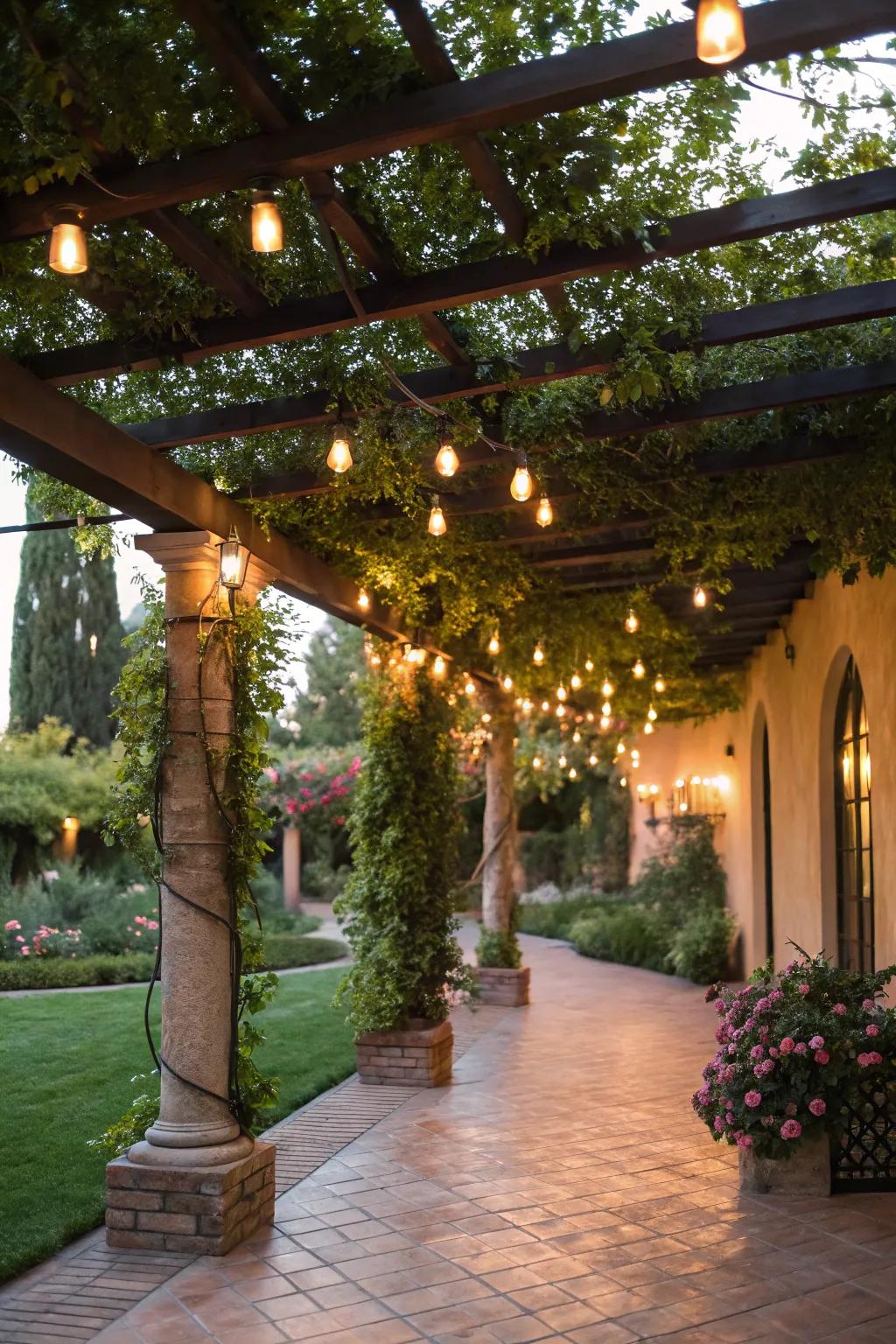 Hanging lights conjure an enchanting environment beneath the pergola.