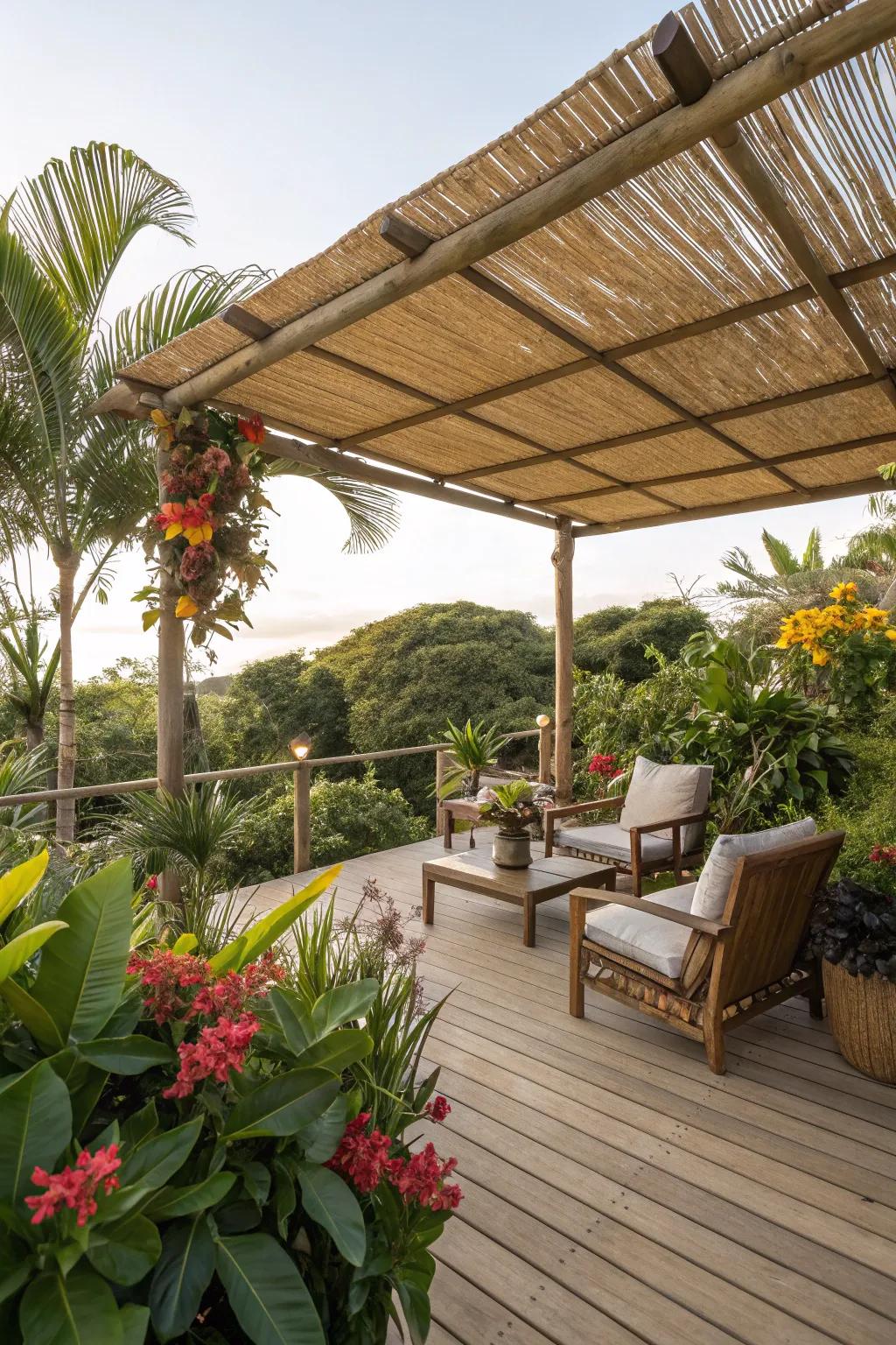 An exotic bamboo-covered patio for a tropical ambiance.