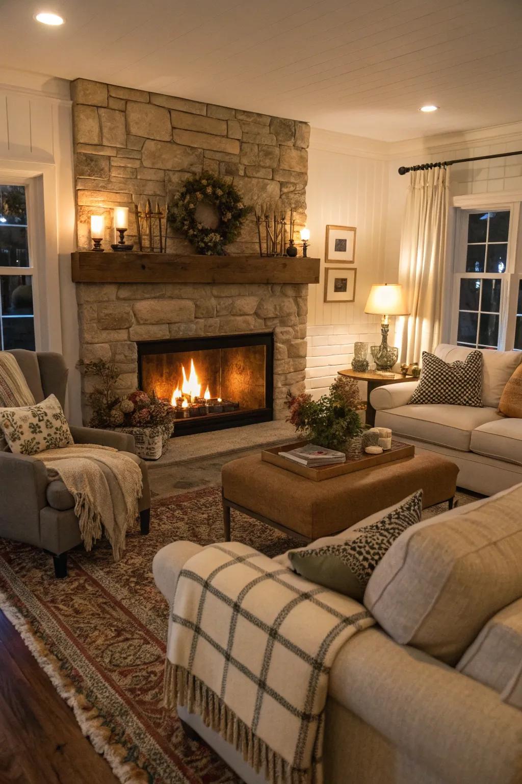A fireplace serves as a cozy and inviting focal point.