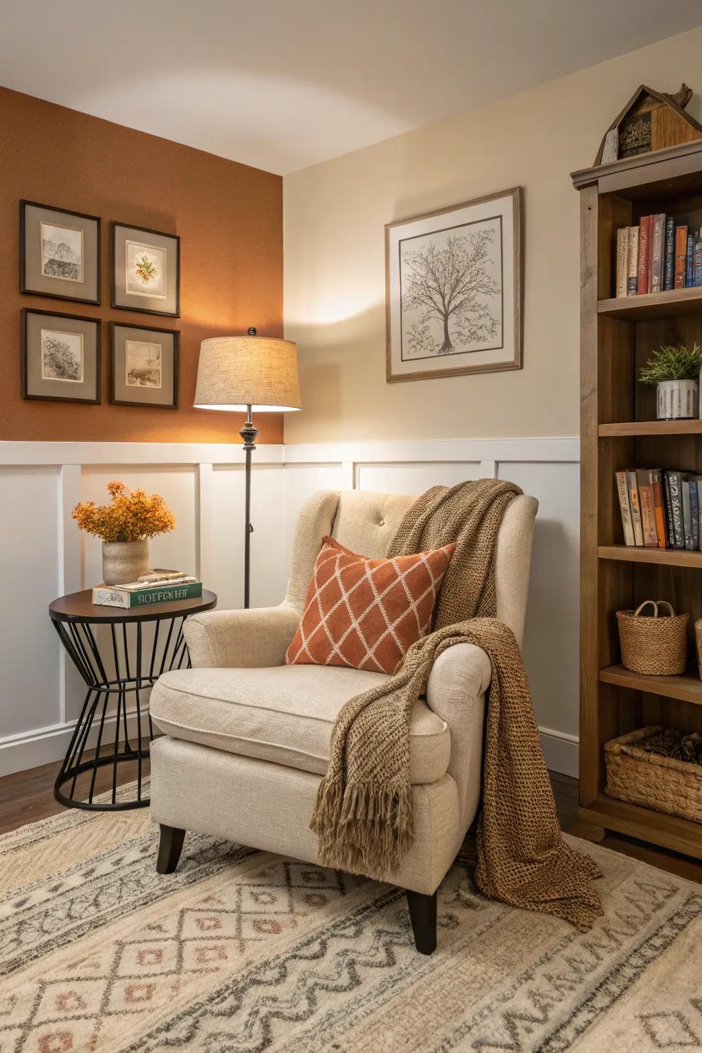 Neutral and warm colors create a soothing atmosphere in this cozy reading nook.