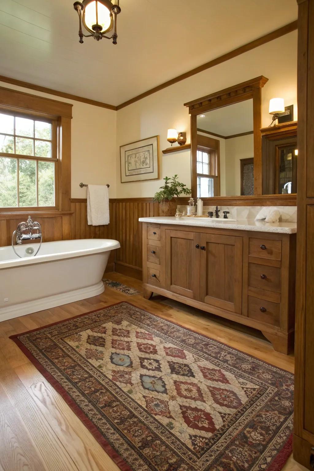 A cozy conventional rug adding warmth to the craftsman bathroom.
