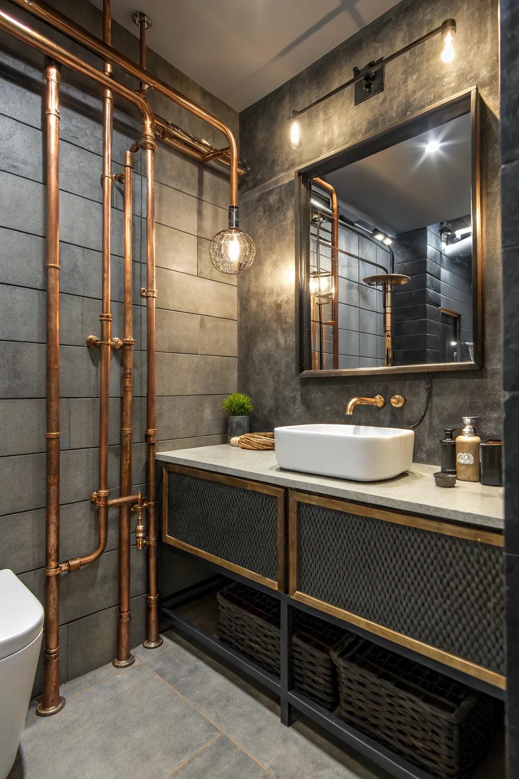 An industrial-style bathroom highlighted by copper pipes.