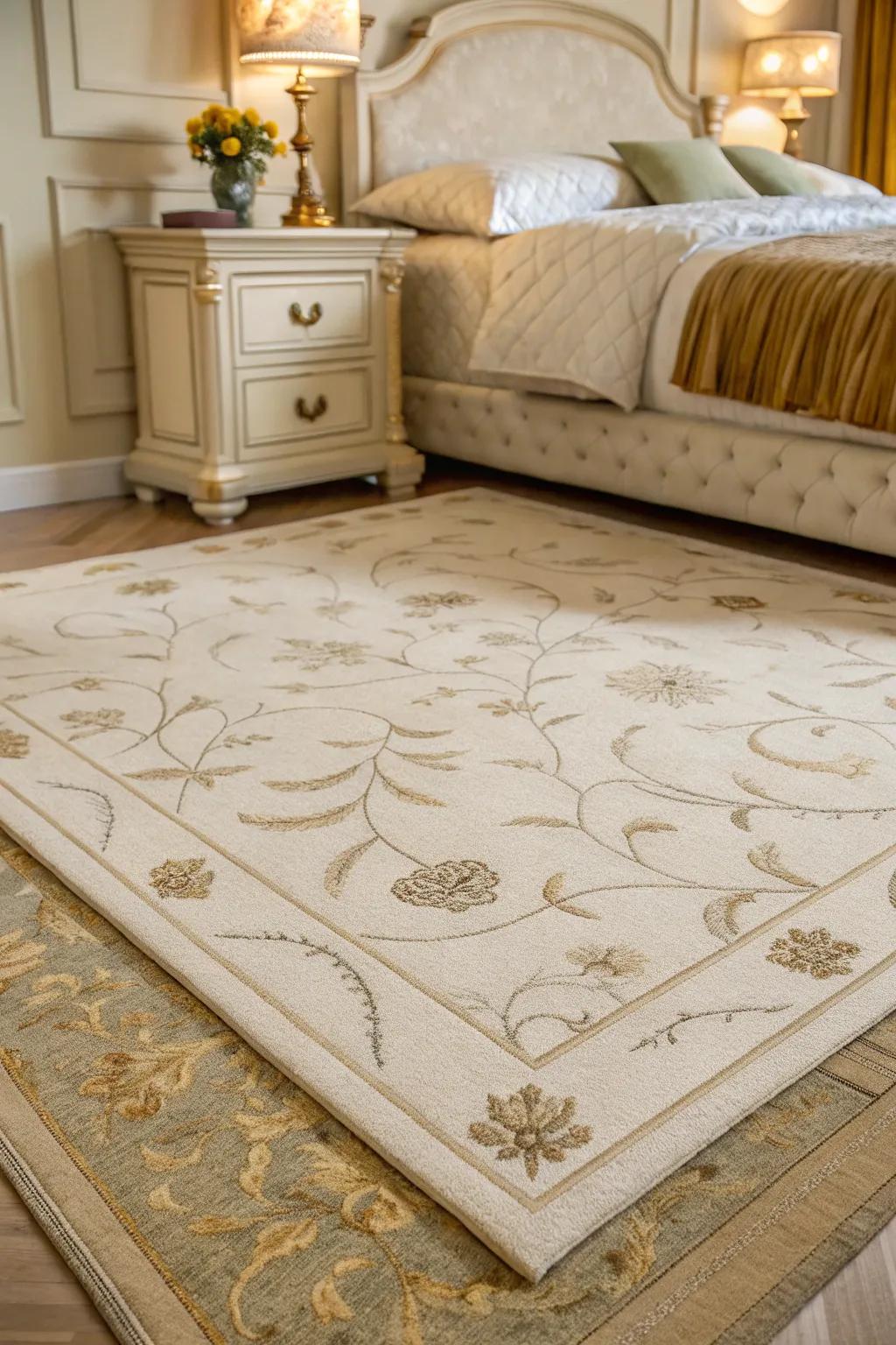 A subtle rug includes convenience and cohesiveness to the bedroom design.