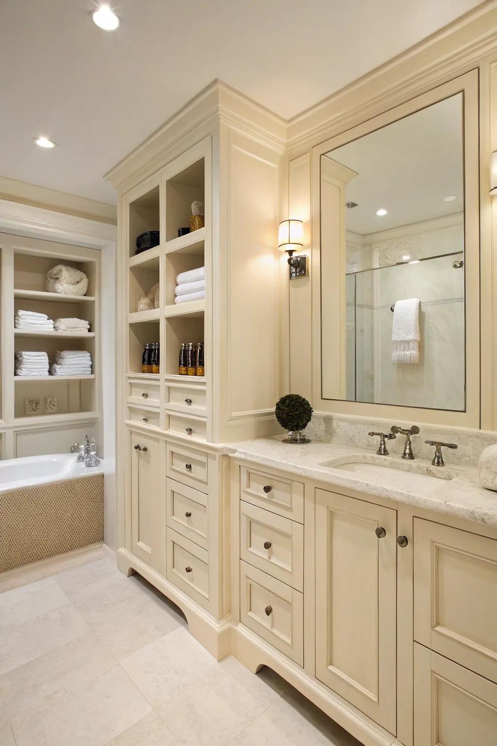 Generous storage options keep this cream bathroom organized and serene.