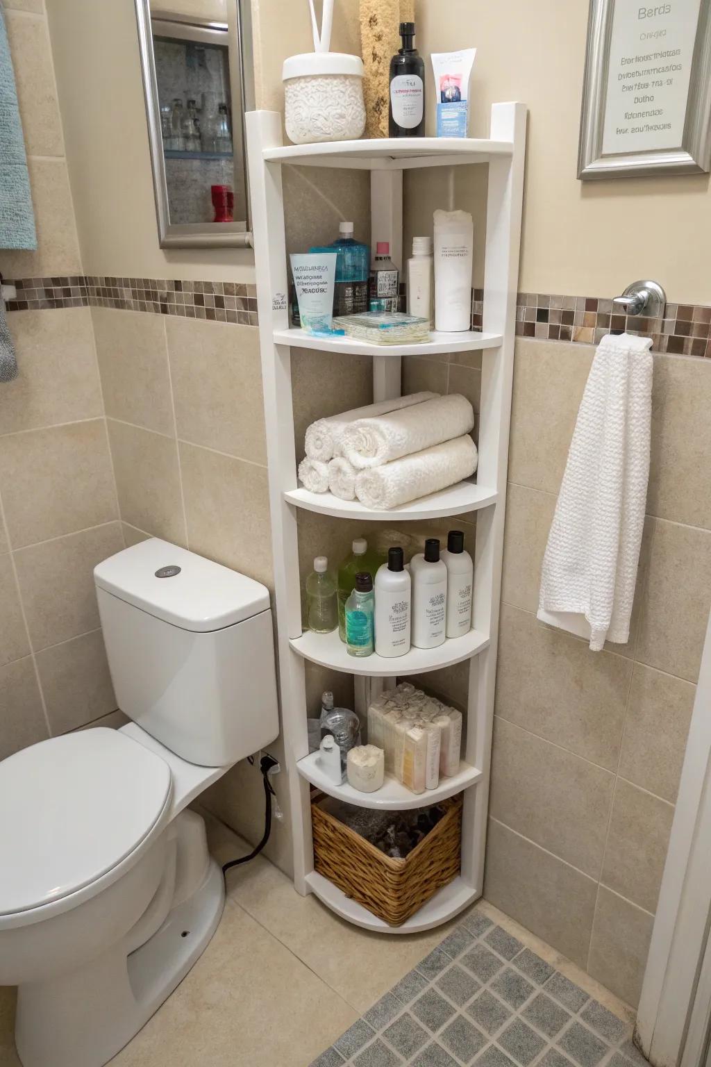 Corner units utilize every bit of space in the bathroom.