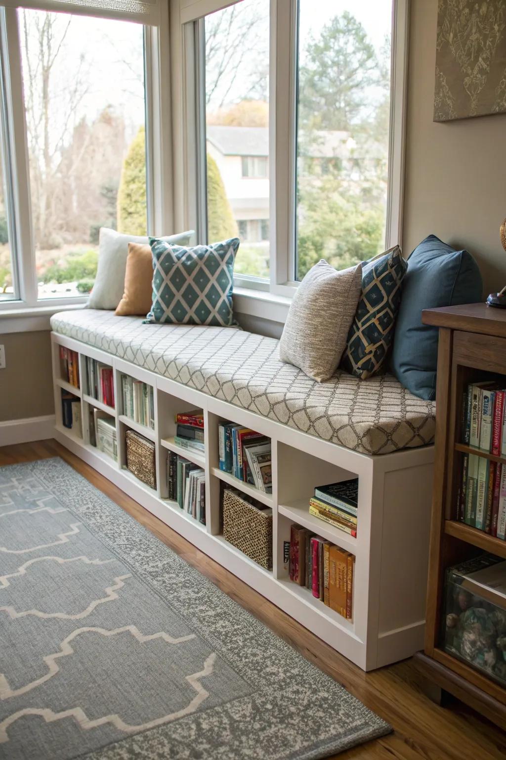 Furniture with built-in book storage maximizes space efficiency.