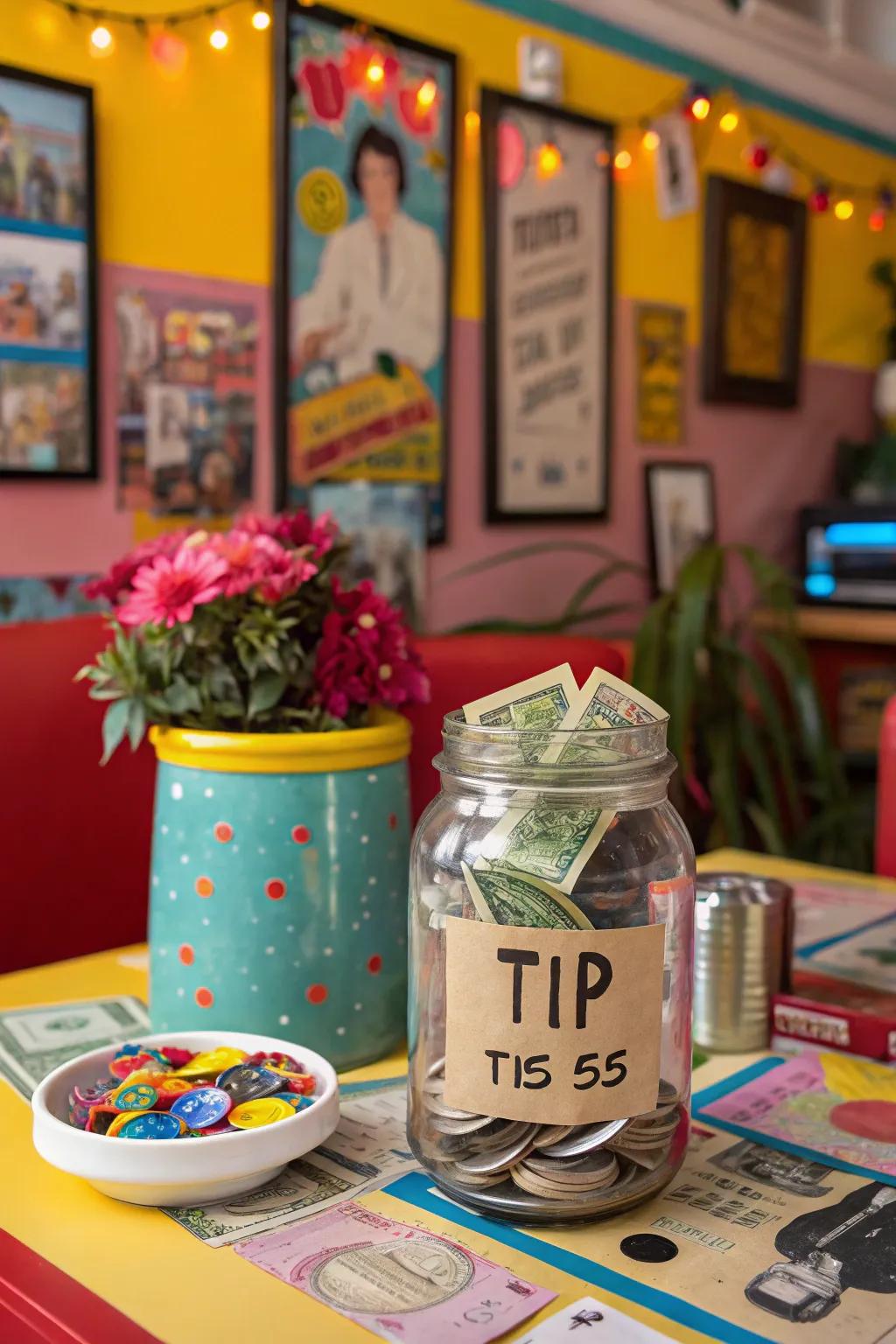 A tip jar with a nostalgic pop culture theme