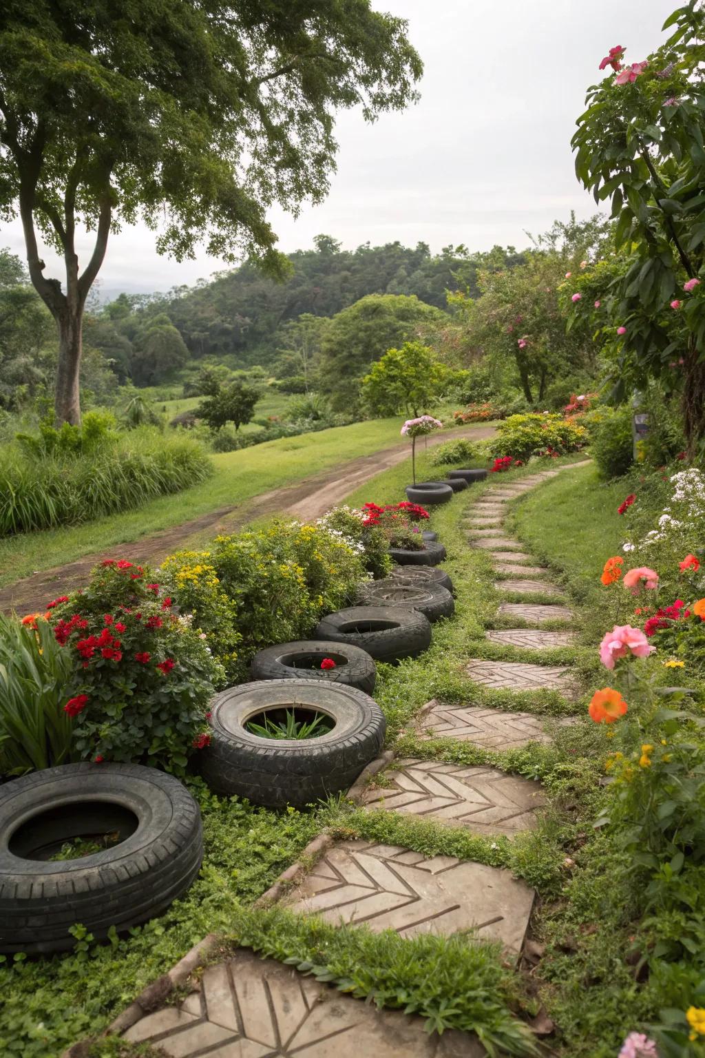 Inventive tire walkway guiding through the garden.