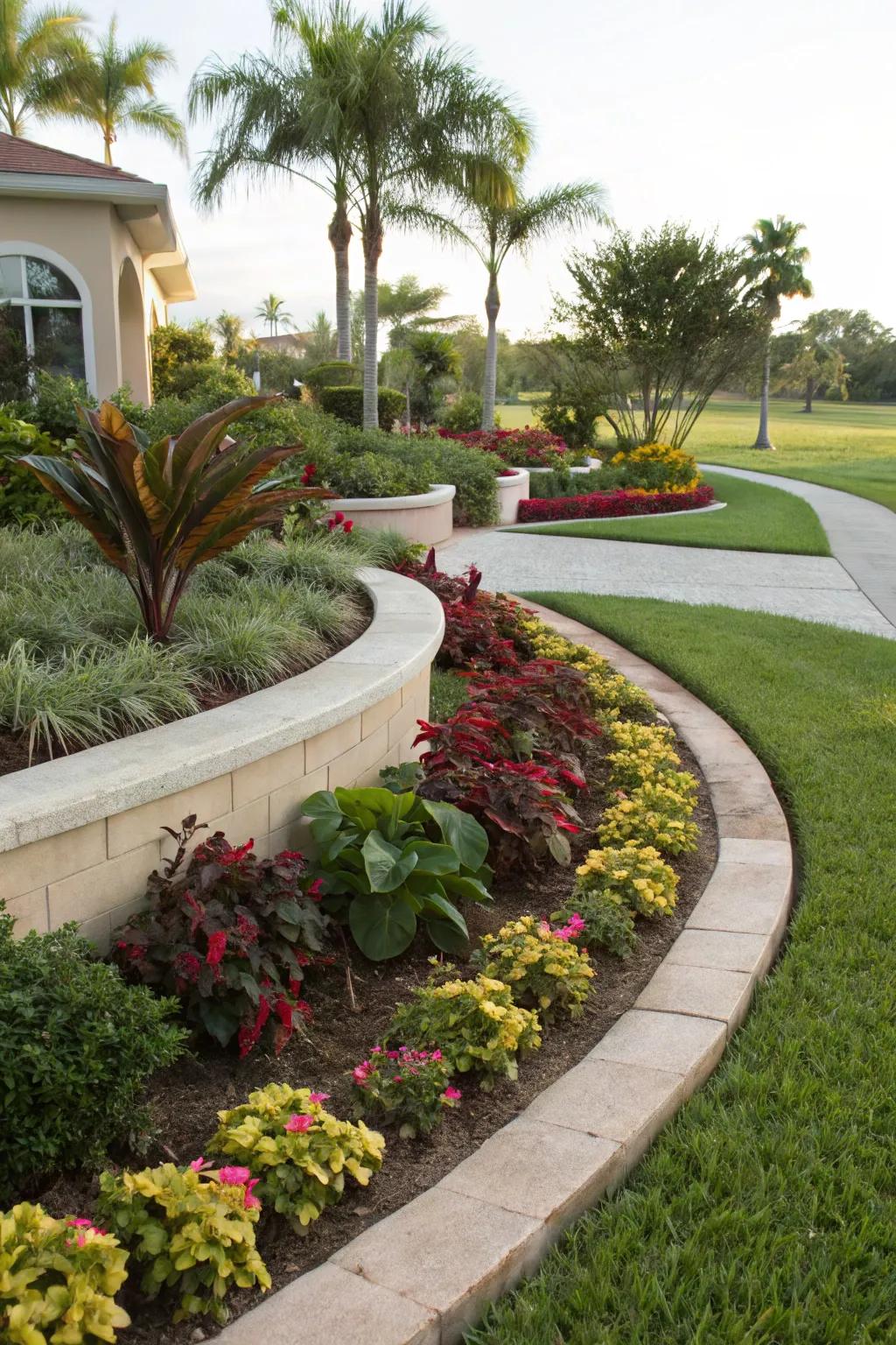 Bowed planting zones provide an inherent and fluid landscape layout.