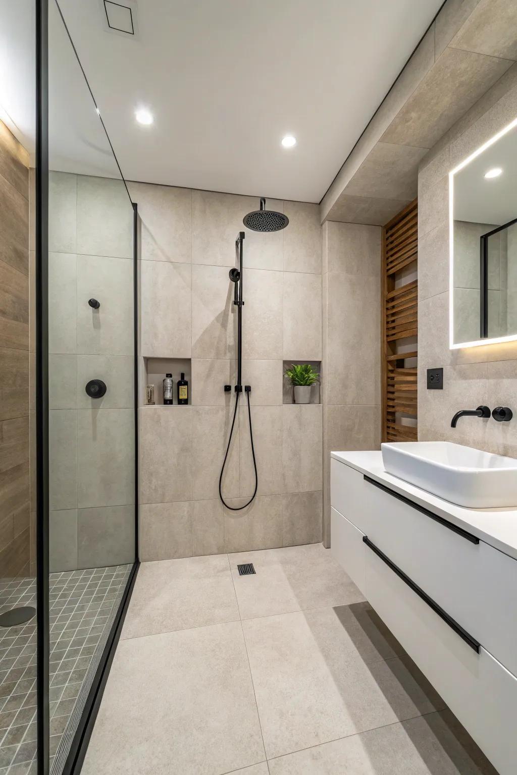 Minimalism is displayed at its best in this tidy, clutter-free curbless shower.