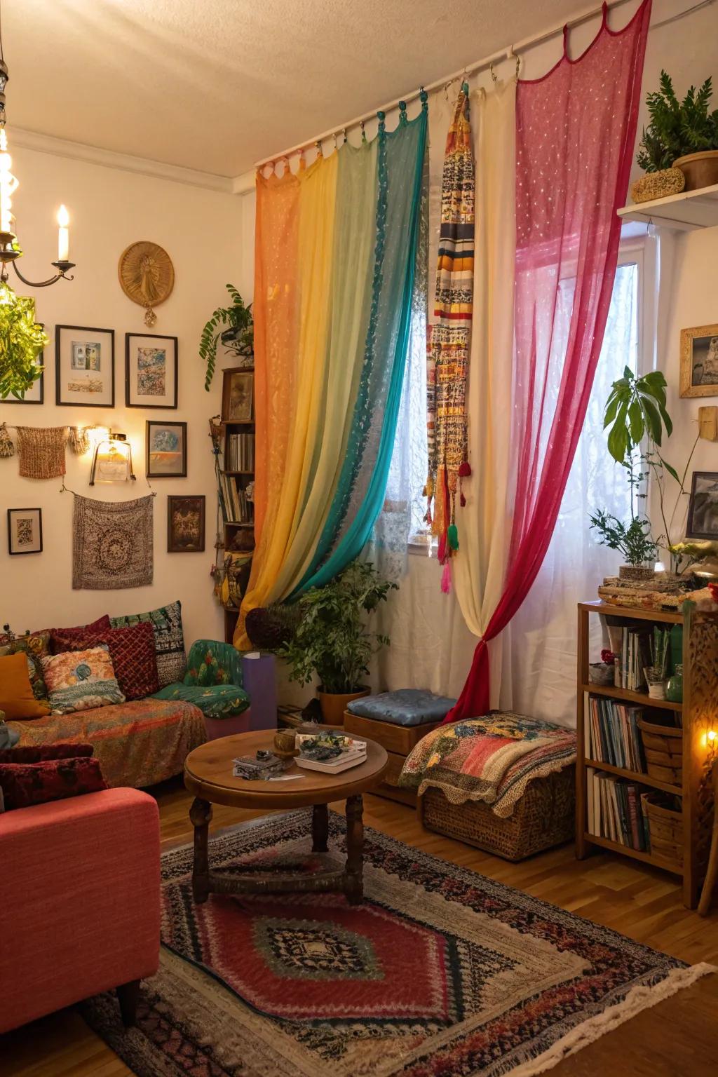 Boho scarf curtains add a splash of color and creativity to your space.