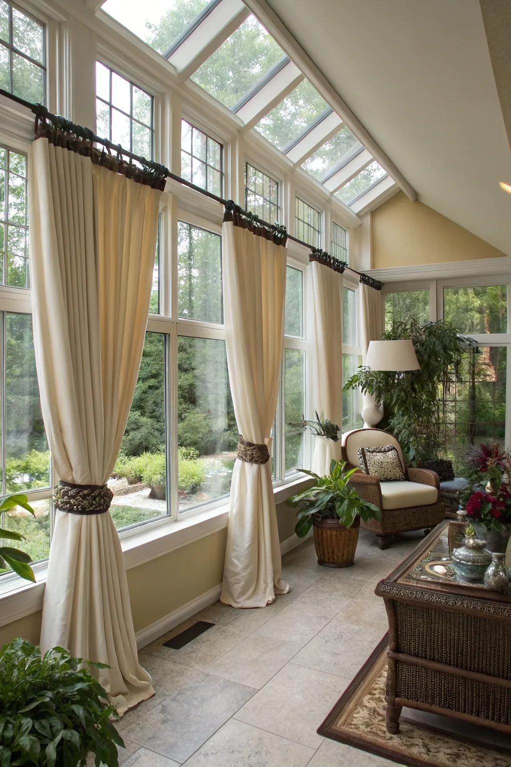 Fasteners are a delightful way to add charm to your sunroom window coverings.