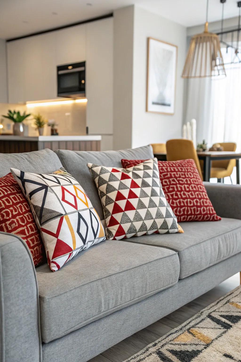Geometric patterns contribute a contemporary edge to a grey sofa.