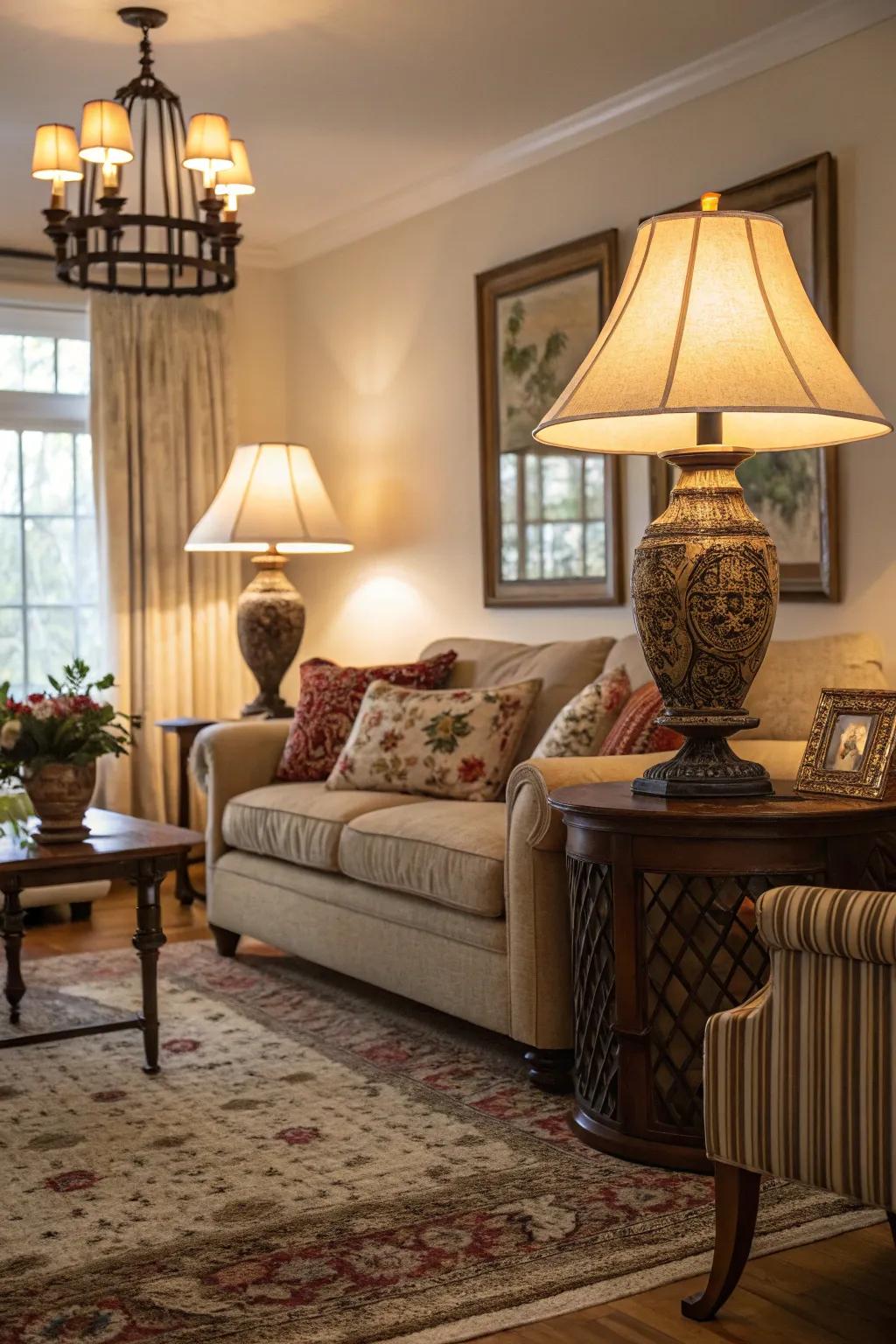 Assorted lighting making a pleasant and welcoming atmosphere.